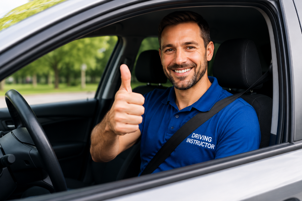 Smiling driving instructor giving a thumbs up from inside a driving school car