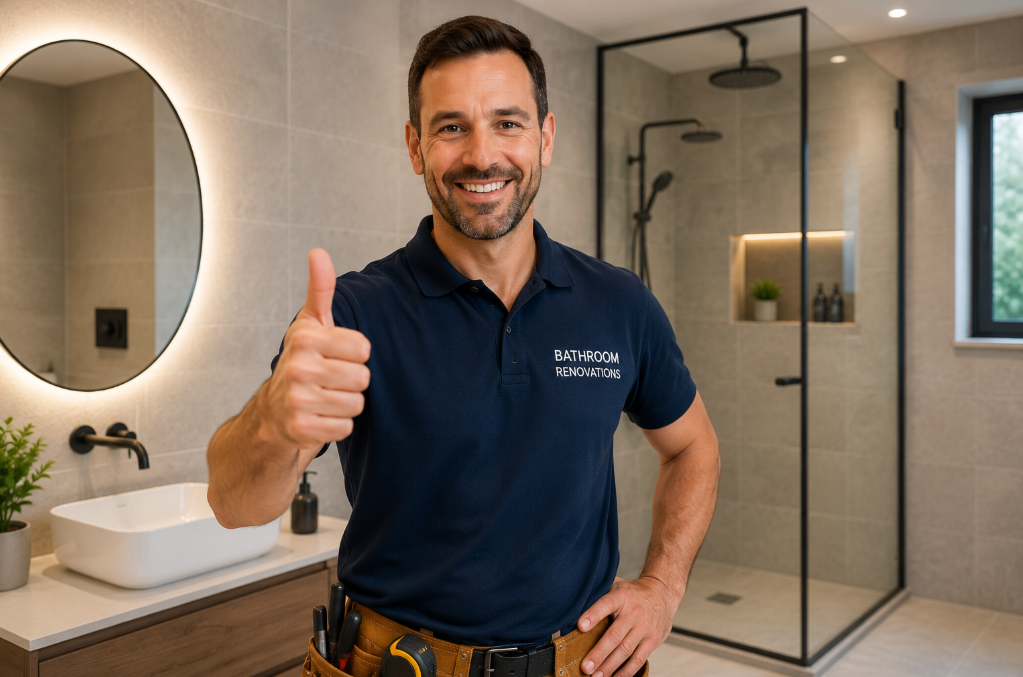 Smiling bathroom renovator giving a thumbs up in a finished luxury bathroom