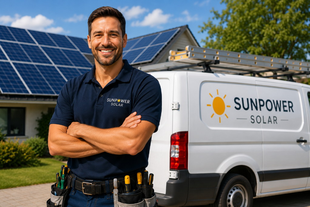 Smiling solar installer standing proudly beside a branded solar company van in front of a residential rooftop solar installation