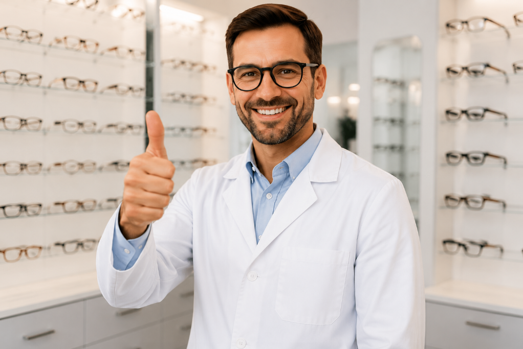Smiling optical specialist in a white coat giving a thumbs up inside a modern eyewear store