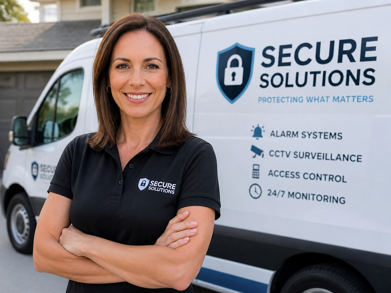 Smiling female security company owner standing confidently in front of her branded Secure Solutions service van