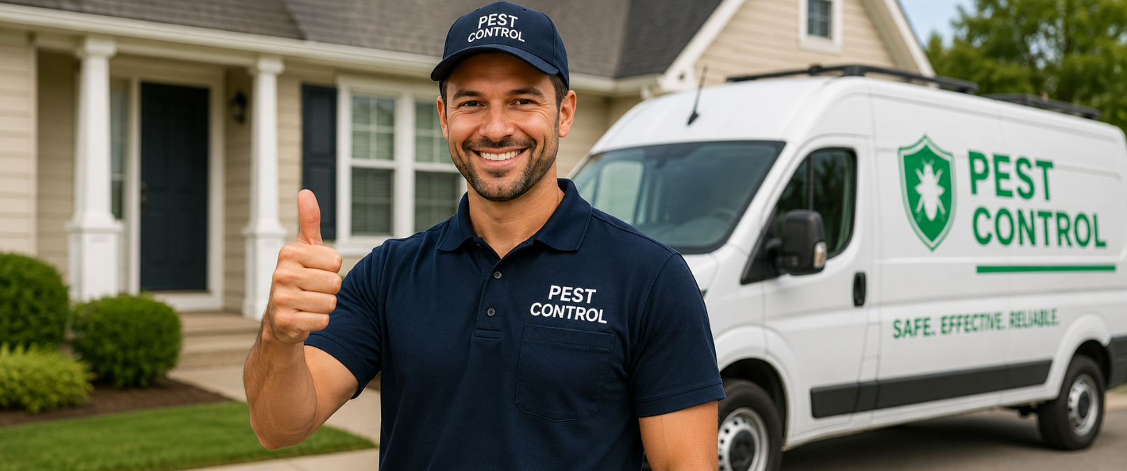 Friendly pest control technician giving a thumbs up in front of a branded pest control service van