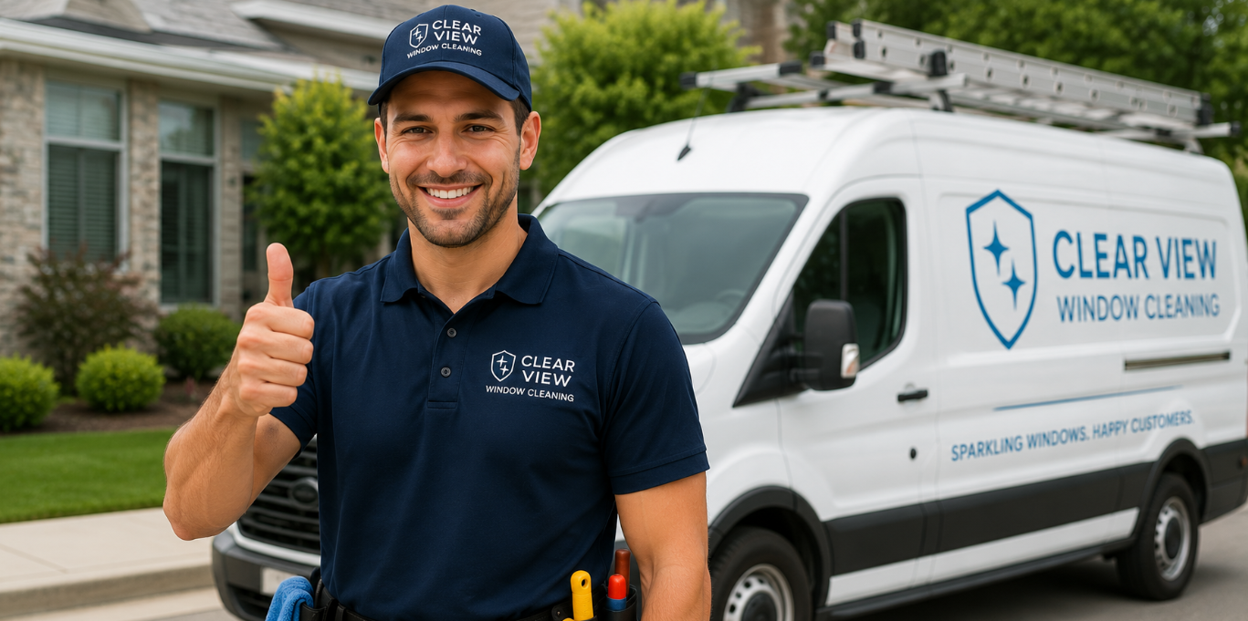 Smiling window cleaner giving a thumbs up in front of a branded Clear View Window Cleaning van
