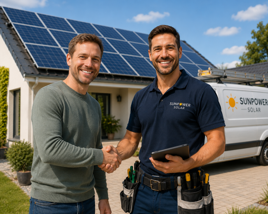 Smiling solar installer shaking hands with happy homeowner in front of a residential rooftop solar installation and branded solar van