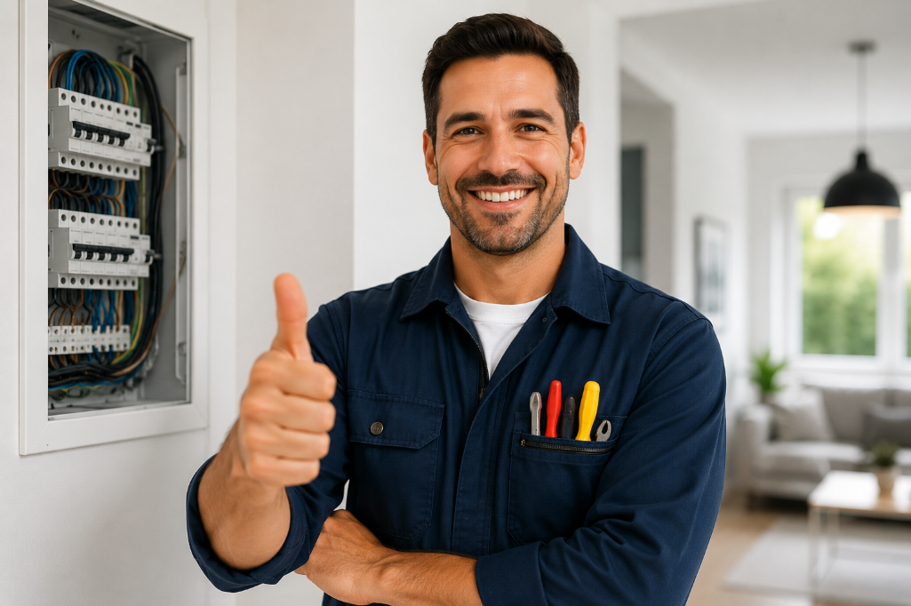 Smiling electrician giving a thumbs up in front of a freshly upgraded electrical panel inside a clean modern home