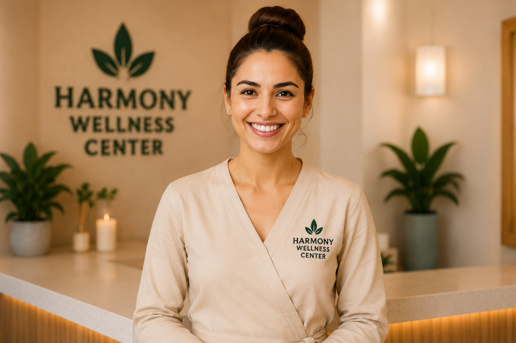 Smiling wellness center owner warmly welcoming visitors at the reception of her premium wellness center
