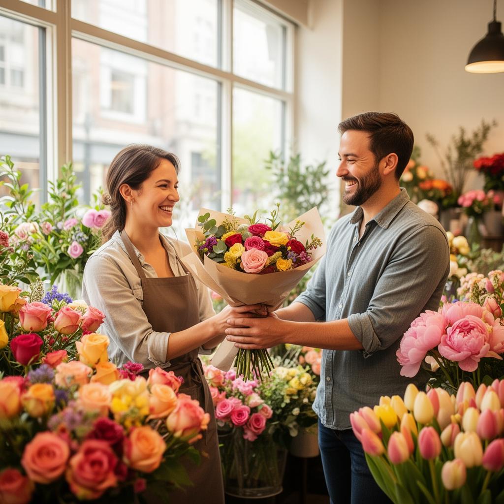 Happy customers receiving a fresh bouquet at a local flower shop