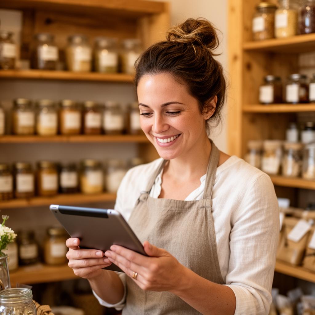 Local business owner smiling at her tablet